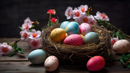 Fototapeta na wymiar Painted easter eggs in the bird’s nest. Concept of happy easter day.