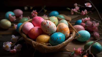 Painted easter eggs in the bird’s nest. Concept of happy easter day.