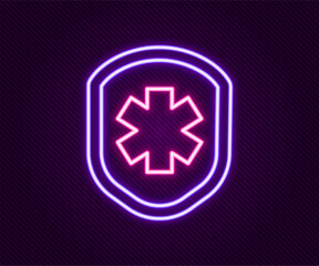 Glowing neon line Medical shield with cross icon isolated on black background. Protection, safety, password security. Colorful outline concept. Vector