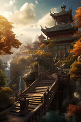 Beautiful Autumn landscape with ancient pagoda, lake and waterfall. Fantasy ancient Chinese village. Chinese temple in the mountains. Trees. Digital painting illustration. 3d vector