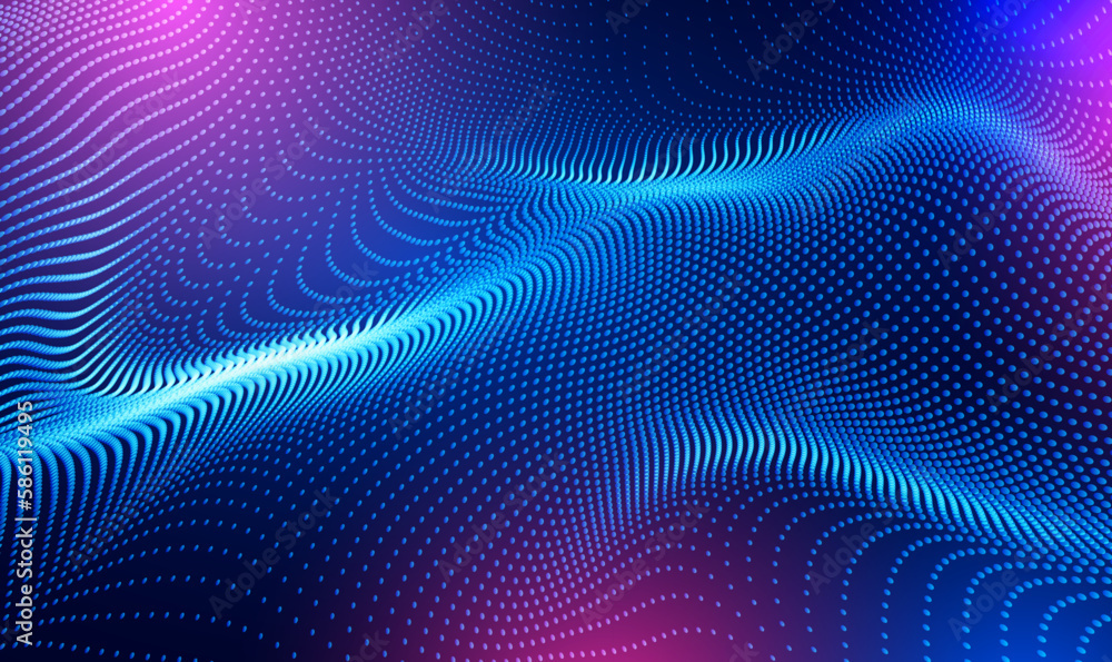Poster abstract technology particles mesh background. wave moving dots flow particles, neon light, hi-tech 