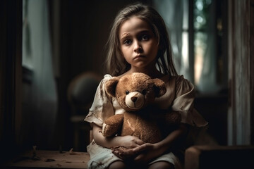kleines trauriges Mädchen mit Teddybär, generative AI - obrazy, fototapety, plakaty