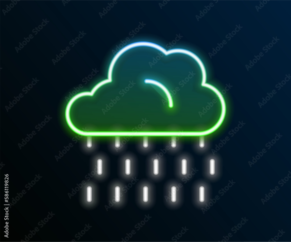 Canvas Prints Glowing neon line Cloud with rain icon isolated on black background. Rain cloud precipitation with rain drops. Colorful outline concept. Vector