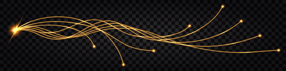 Fiber optic cable lines. Swirl wave, yellow light glowing effect, thunder bolt. Cyber data communication, digital technology, futuristic design. Isolated on transparent background, vector illustration