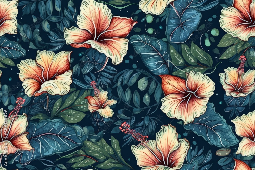Poster vibrant floral pattern on a blue background created with generative ai technology