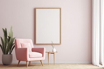 Fototapeta na wymiar wooden frame mockup in trendy minimalist pink living room interior with pink armchair and plant