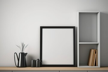 Black wooden frame mockup in white minimalist Rustic interior with kettle and decor items in the kitchen.Empty white wall background.