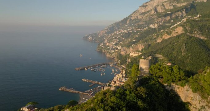 Aerial Forward Shot Of Harbor Seen From Torre Dello Ziro On Mountain - Amalfi, Italy