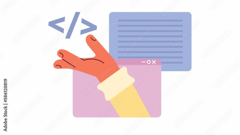 Fototapete Animated creating website script. Webpages source code. Programming. 2D cartoon flat character hand 4K video footage on white with alpha channel transparency. Concept animation for web design