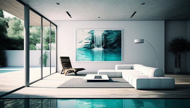 Architektur, Modernes Wohnzimmer mit Pool und großem Bild an der Wand, Generative AI 