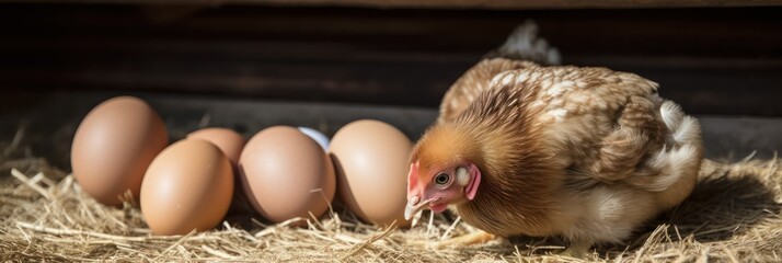 farm.laying hen incubates eggs in a chicken coop on the farm. generative AI