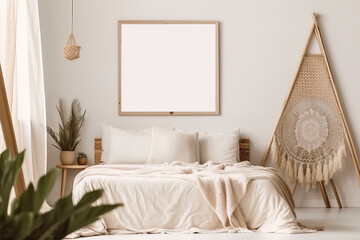 Fototapeta na wymiar Bedroom frame mockup in boho style with wooden bed, fringed beige blanket, linen cushion with tassels, dried pampas grass and basket lamp on empty white background