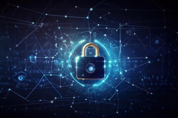 Cyber Security Concept Art: Shield Key Lock Emerging from Laptop Screen Against Dark Blue Background