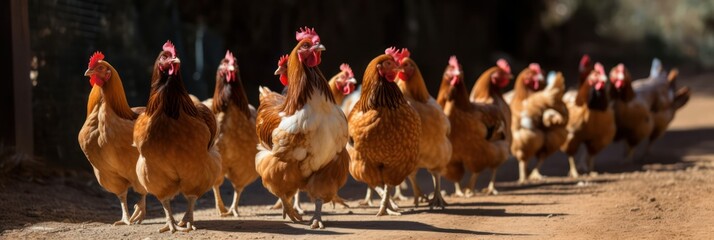 farm. chickens walk around the farm yard on a sunny warm day. generative AI