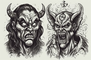 Illustration of three demonic faces with menacing expressions and horns created with Generative AI technology