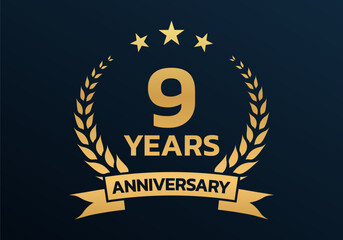 9 year anniversary laurel wreath logo or icon. Jubilee, birthday badge, label or emblem. 9th celebration design element. Vector illustration.