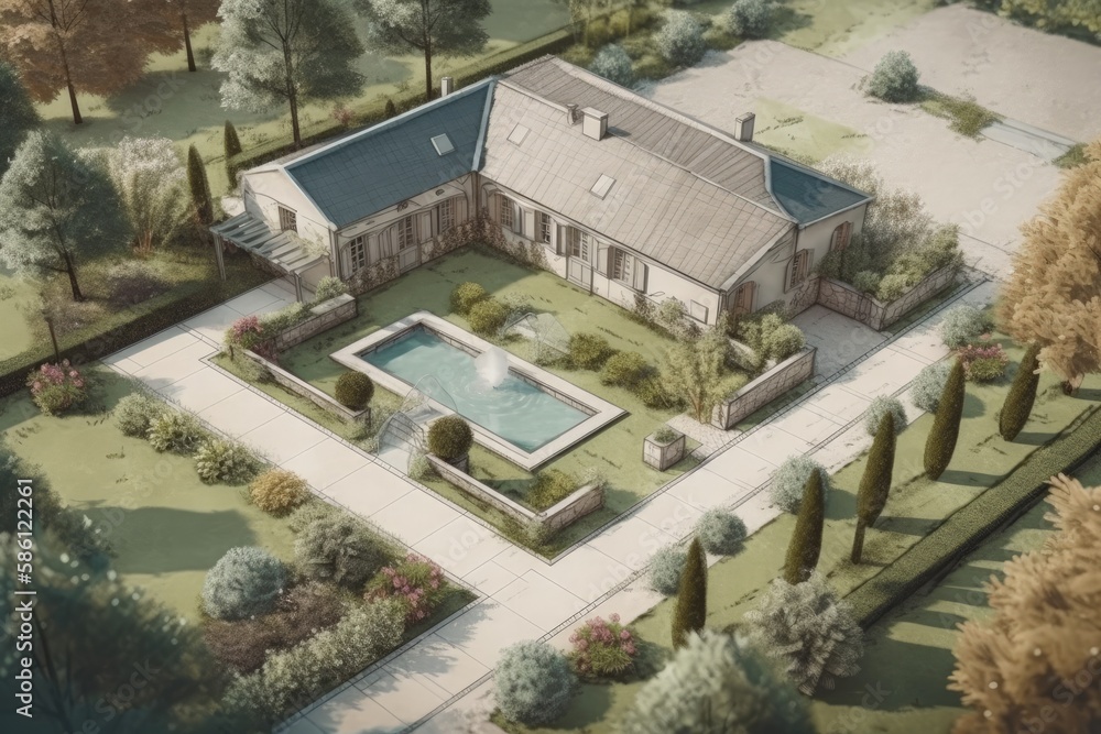 Aufkleber luxurious house with a beautiful pool seen from above created with generative ai technology