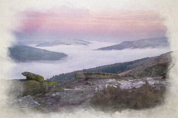 Digital watercolour painting of a Bamford Edge sunrise cloud inversion in the Peak District, UK.