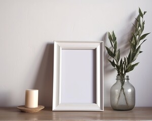 White frame mockup in neutral minimalist modern interior with plants and decor items on empty white wall background.
