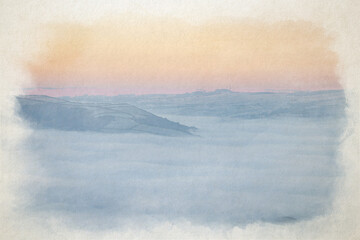 Digital watercolour painting of a Bamford Edge sunrise cloud inversion in the Peak District, UK.