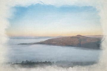 Digital watercolour painting of a Bamford Edge sunrise cloud inversion in the Peak District, UK.