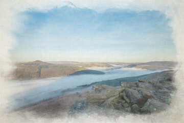 Digital watercolour painting of a Bamford Edge sunrise cloud inversion in the Peak District, UK.