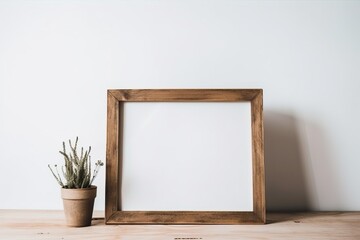 Fototapeta na wymiar wooden frame mockup in warm neutral minimalist Rustic interior with dried plants, leaves and decor items on empty white wall background.