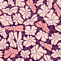 Retro floral seamless pattern with groovy flowers. Vector Illustration. Aesthetic Modern Art hand drawn for wallpaper, design, textile, packaging, decor.