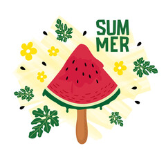 Vector banner with ice cream watermelon, leaves and flowers. Summer illustration for print, background, cover, web
