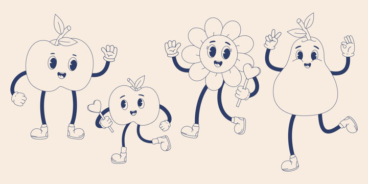 Retro collection trendy groovy cartoon characters. Happy cute apple, pear and flower Power. Vintage mascot fruits. Vector Illustration. Monochrome palette. Isolated funny trendy characters.