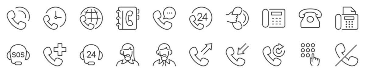 Support and phone calls thin line icon set. Symbol collection in transparent background. Editable vector stroke. 512x512 Pixel Perfect.