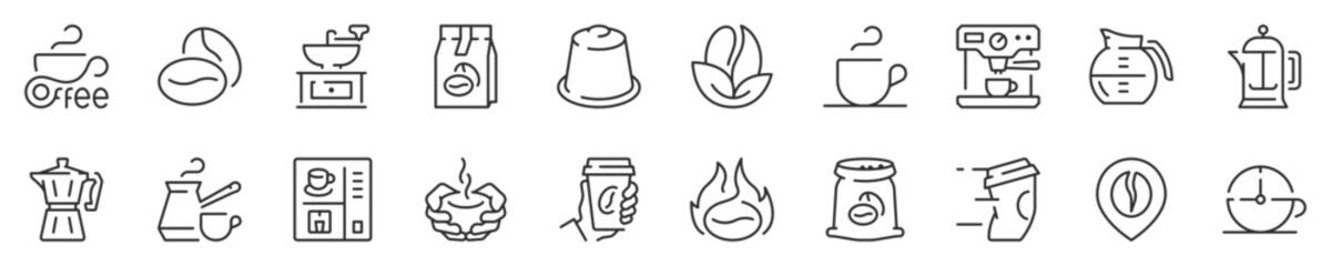 Coffee thin line icon set. Symbol collection in transparent background. Editable vector stroke. 512x512 Pixel Perfect.