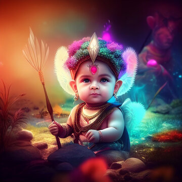 Cute Baby Colorful Indian Hindu God Ram Shri Ram Siya Ram Rama Ramayana, Generative AI	