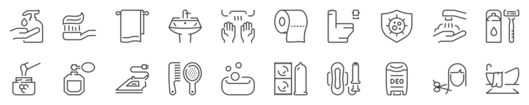 Personal hygiene and care thin line icon set. Symbol collection in transparent background. Editable vector stroke. 512x512 Pixel Perfect.