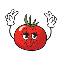 Happy tomato showing peace signs, hand drawn in old fashioned cartoon style with black contour. Isolated vector illustration