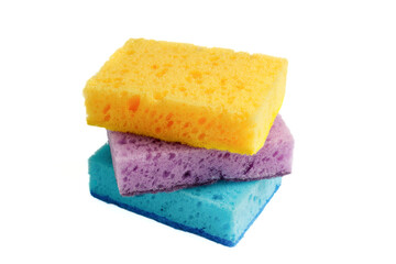 Cleaning, housework. Three colored sponges for washing dishes and other household needs. Isolated