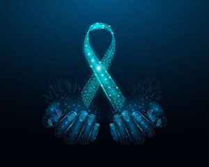 Two human hands are holds teal ribbon awareness. Wireframe glowing low poly. Isolated on black background. Vector illustration