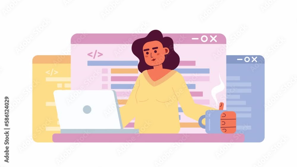 Poster animated writing code job. applications, software programming. woman with laptop. 2d cartoon flat ch