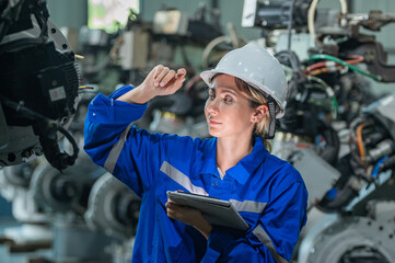 woman engineer in uniform helmet inspection check control heavy machine robot arm construction installation in industrial factory. technician worker check for repair maintenance electronic operation