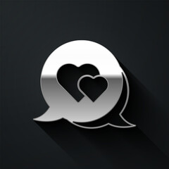 Silver Heart in speech bubble icon isolated on black background. Happy Valentines day. Long shadow style. Vector