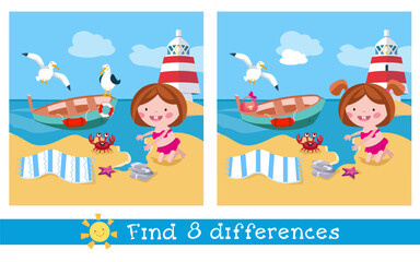 Find 8 hidden differences. Educational puzzle game for children. Cute little girl by sea. Animals on beach in summer. Cartoon characters, boat and lighthouse. Vector illustration. 