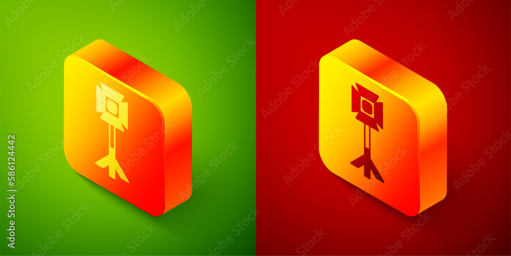Poster isometric studio light bulb in softbox icon isolated on green and red background. shadow reflection 
