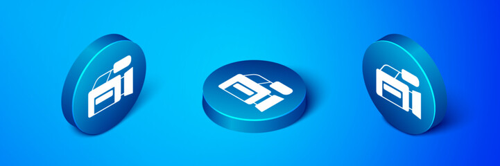 Isometric Cinema camera icon isolated on blue background. Video camera. Movie sign. Film projector. Blue circle button. Vector