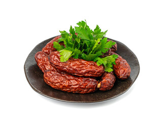 Dry Smoked Sausages Isolated, Salami Sticks, Kielbasa, Cabanossi, Kabanos, Dry Embutido, Chorizo, Bratwurst