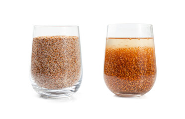 Plantago ovata seeds n glass isolated. Psyllium husk, isabgol dietary fiber, ispaghula, psyllium...