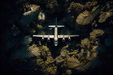 overhead shot of cargo plane flying over dense jungle, with sunlight filtering through the trees, created with generative ai