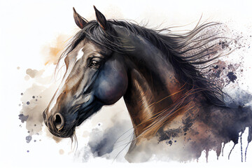 Horse head portrait in an Aquarelle abstract watercolour painting which could be used as an equine poster or flyer, computer Generative AI stock illustration image