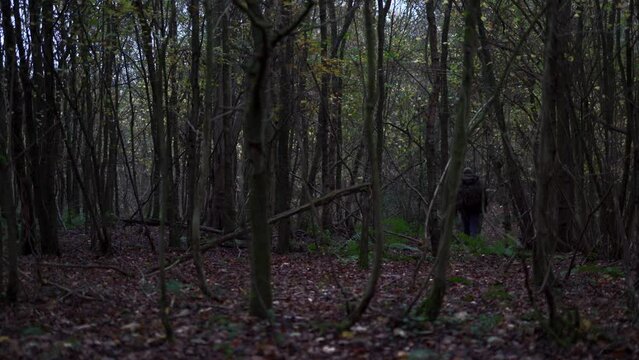 Scary scene with spooky character walking past the camera as a man walks through dark eerie woodland