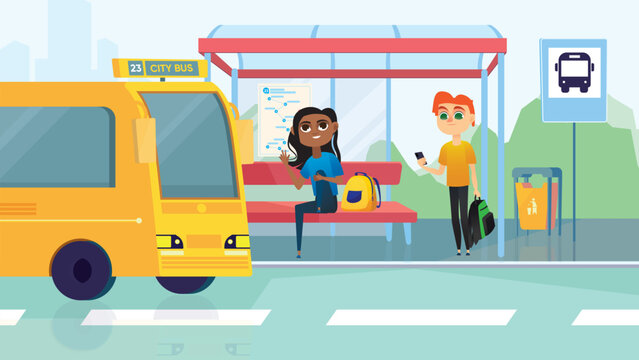 Bus station concept with people scene in the background cartoon design. Little boy and girl are waiting for a school bus on the bus station. Vector illustration.
