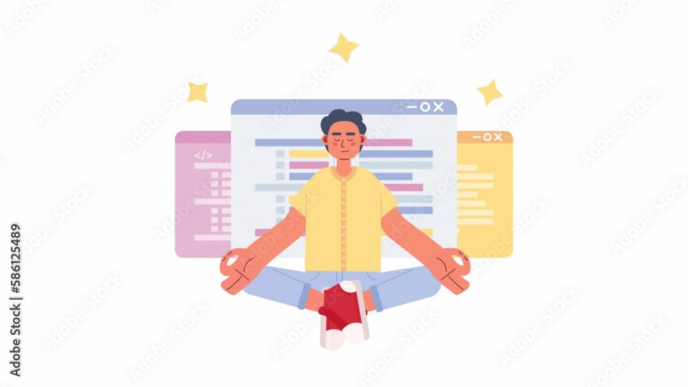 Poster animated become programmer expert. improving programming skills. coder meditating. 2d cartoon flat c
